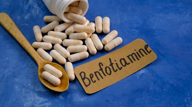 Benfotiamine capsules and vitamin supplements. Selective focus.