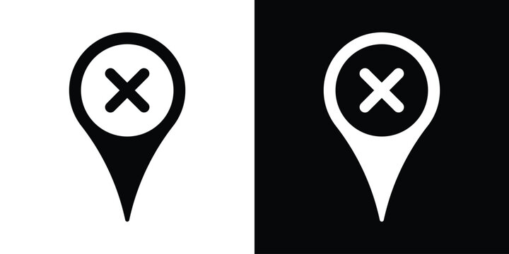 Cross mark location pin icon vector illustration. Map pointer with X symbol isolated on black and white background for canceled destinations, wrong places, or restricted locations.