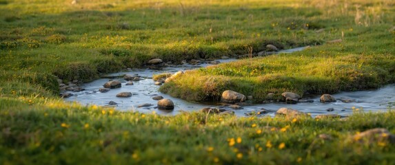 Fototapeta premium Calm natural scene showing a winding creek through bright grassy terrain dotted with large stones