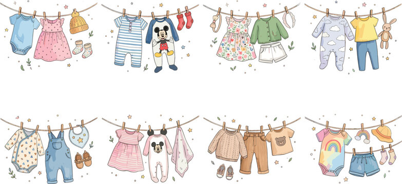 Cute baby clothes hanging on clothesline vector illustration set with dresses onesies rompers and accessories for newborn infant baby shower card nursery fabric design.