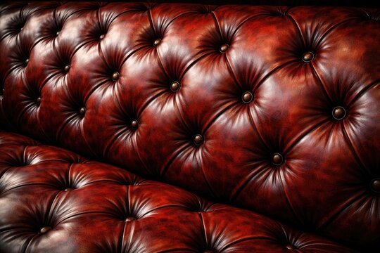 Vintage Chesterfield inspired red leather upholstery showing intricate capitone texture and diamond button details