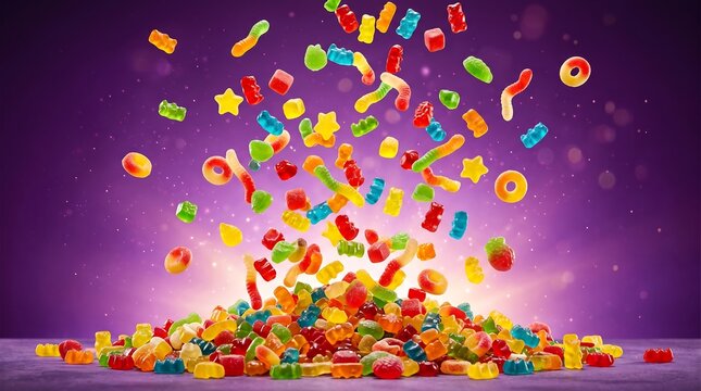 Colorful gummy candies flying up from a pile in a vibrant purple background scene