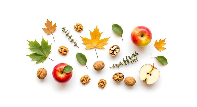 Autumn fruits and leaves arrangement.