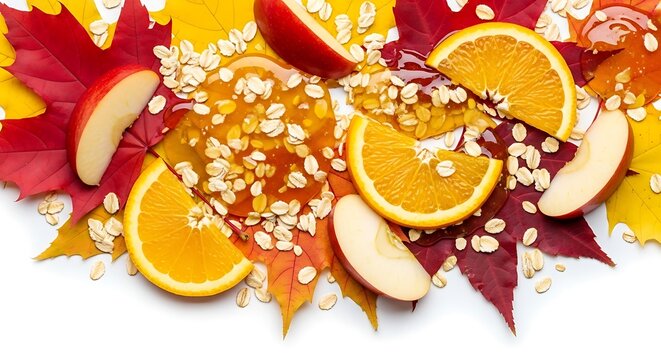 Autumn fruits and leaves arrangement.