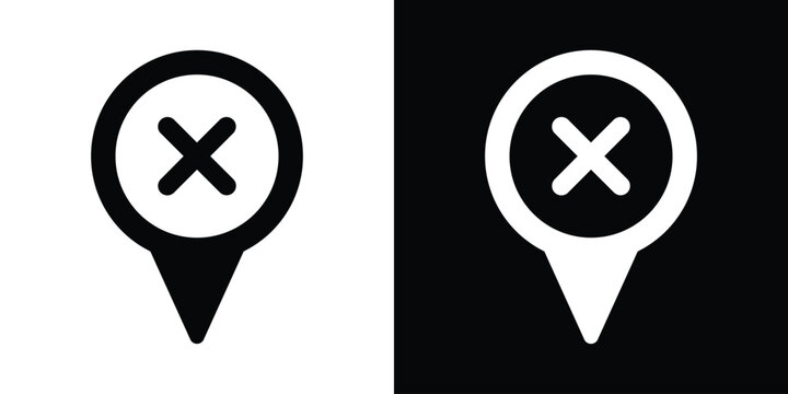 Cross mark location pin icon vector illustration. Map pointer with X symbol isolated on black and white background for canceled destinations, wrong places, or restricted locations.