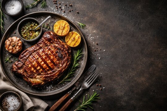 Flat lay presentation of juicy grilled ribeye steak and copy space