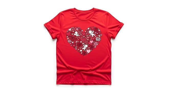 Red t-shirt adorned with a festive heart design
