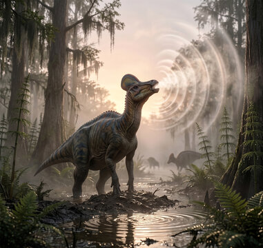 A wide-angle wildlife photograph of a Corythosaurus standing in a dense, fog-filled Cretaceous swamp at sunrise. Its head is tilted back