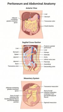 Anatomy chart of peritoneum and abdominal organs with spatial relationships