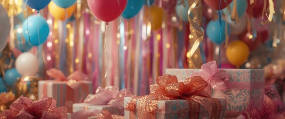 Fototapeta premium Cheerful birthday celebration setup with balloons hanging streamers and wrapped presents decorated with colorful ribbons