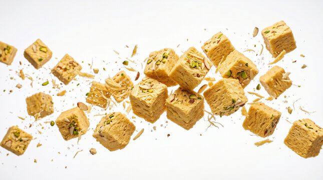 Traditional Soan Papdi Cubes with Pistachios Falling on White Background