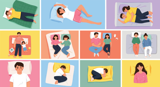 People Sleeping and Resting Illustration Set Featuring Healthy Sleep Positions, Couples Relaxation, Bedtime Routine, and Bedroom Lifestyle Concepts