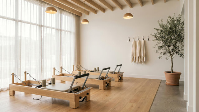 Serene Minimalist Pilates Studio with Wooden Reformers and Sheer Curtains Radiating Wellness and Harmony Perfect for Fitness Branding Lifestyle Advertising and Brochure