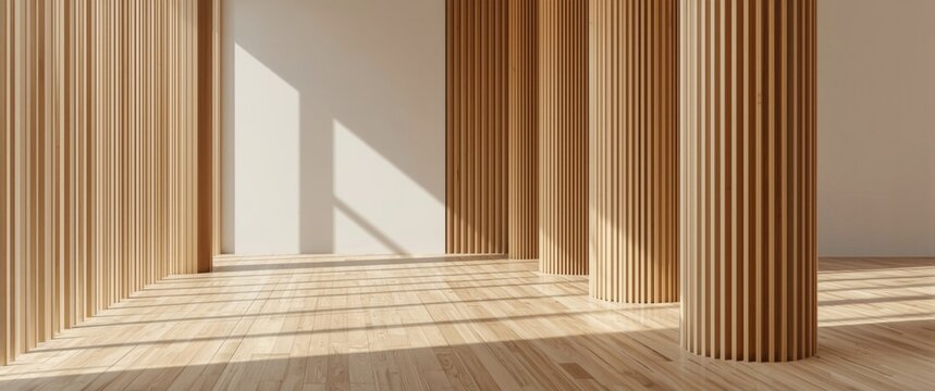 bright empty interior showing vertical wooden paneling and natural wood plank flooring
