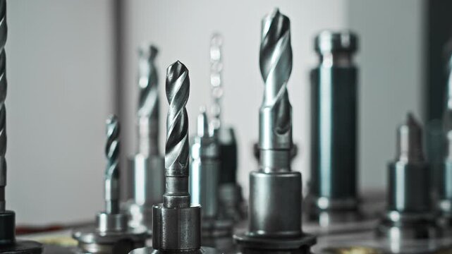 Industrial Tools In Focus. Closeup Of Steel Drill Bits With Spiral Flutes In Workshop Environment