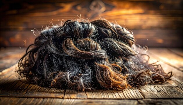 Close-up macro view of coarse dark beard hair strands with varied textures and colors, isolated on wood surface
