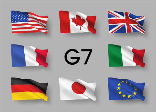 A set of 8 vector flag icons of G7 countries with shadows, isolated on grey background. 3D styled design elements from world collection created using gradient mesh