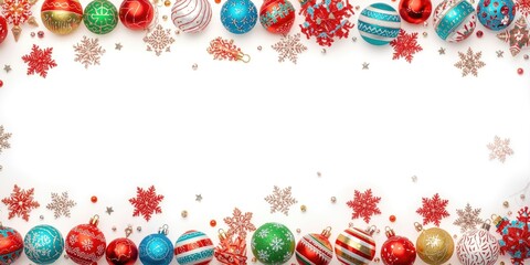 Fototapeta premium Bright festive border displaying assorted colorful ornaments and snowflakes on white for holiday decoration