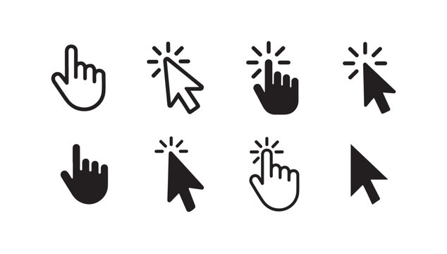Selection of cursor arrows and hand pointer icons representing various computer mouse click actions.