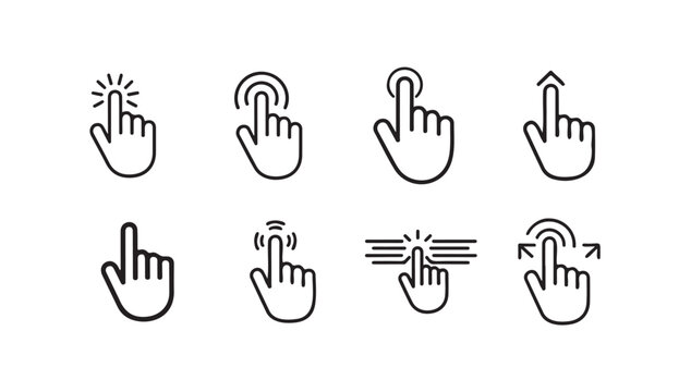 Various touch gesture vector icons showing hand tapping swiping and pinching on transparent layer.