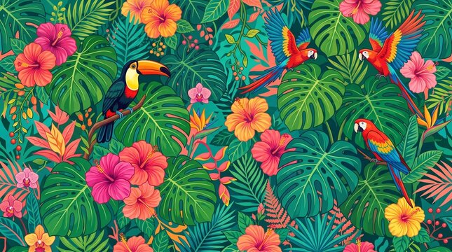 Exotic botanical jungle pattern with macaw birds, monstera foliage, and pink hibiscus blossoms.