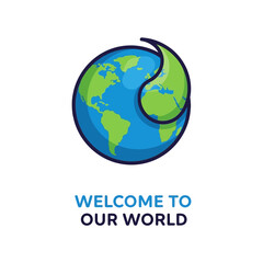 Fototapeta premium Earth globe with green leaf logo, welcome to our world text, environmental concept