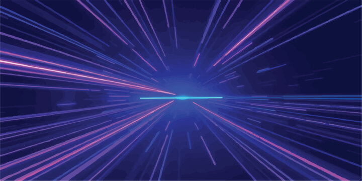 Abstract neon blue and purple light rays zooming into center point with abstract