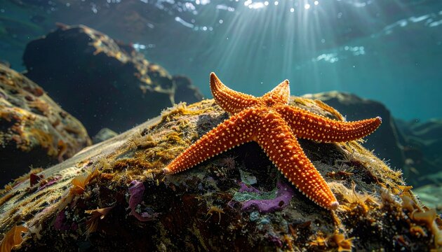 A Solitary Orange Starfish Resting on a Rocky Seabed Beneath Sunlit Ocean Water
