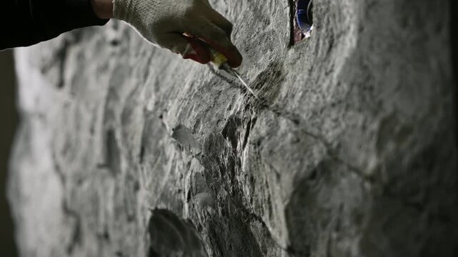 Crafts Detailed Stone With Care. Fine Craftsmanship Shaping Stone Using Precise Tools Under Lighting