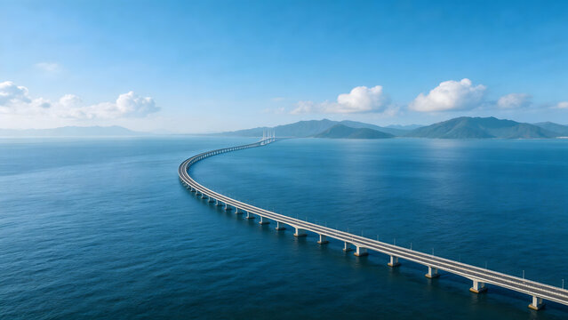 Long bridge over ocean with mountains