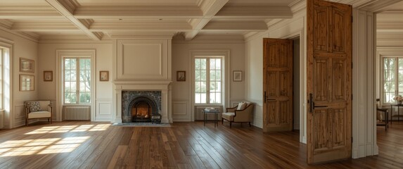 Fototapeta premium Charming spacious room with vintage fireplace and classic doors offering copy space for text