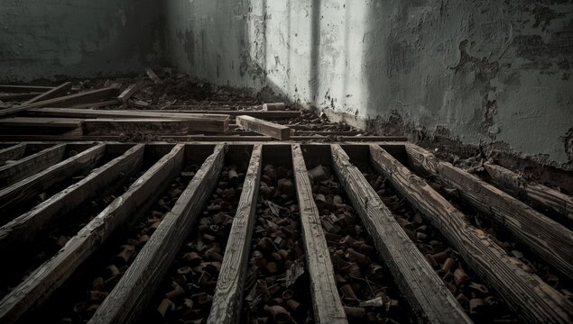 Building overhaul uncovering rotting wooden floor joists and exposed plaster surfaces in home