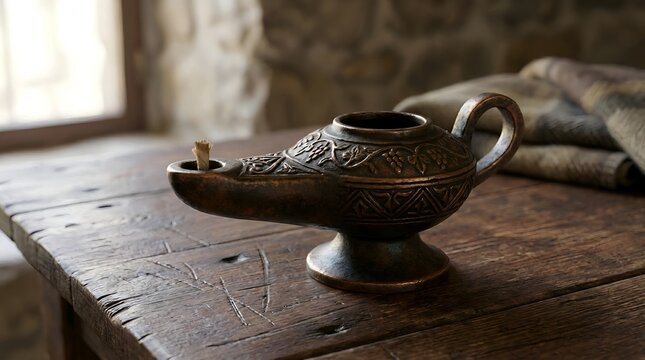Antique Palestinian Olive Oil Lamp on Wooden Table at Soft Indirect Light