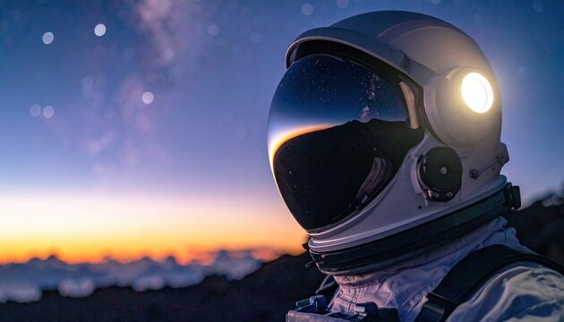 Astronaut's helmet visor reflects starry sky during sunrise over mountains