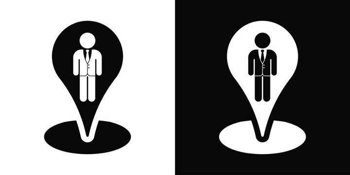 User location pin icon vector illustration. Map pointer with businessman figure symbol isolated on black and white background for profile position, employee tracking, and meeting point.