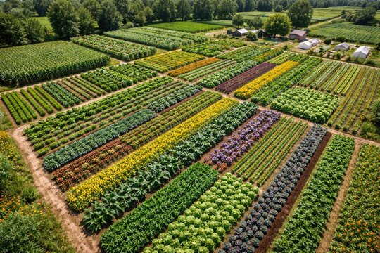 Overhead image of farmland growing multiple crops with polyculture techniques