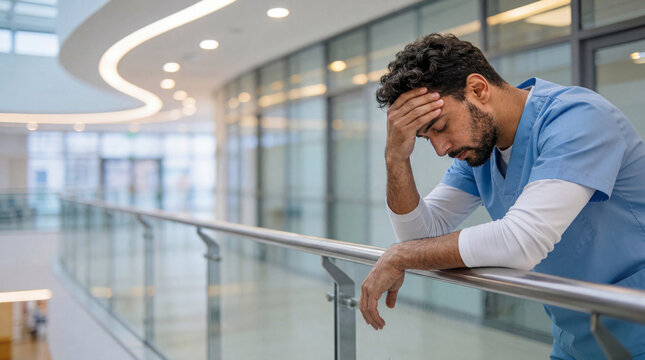 Exhausted male healthcare worker in hospital corridor coping with stress and burnout during a demanding shift, with copy space.
