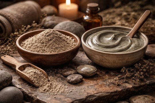 Mineral packed clay powder and mud mask designed for spa facial and body beauty treatments with earth color palette