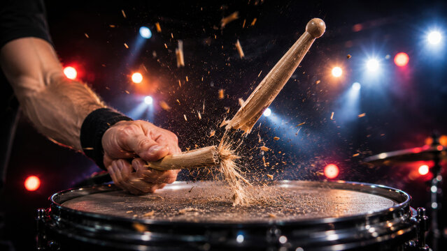 Drumstick breaking on snare drum with debris flying during a performance