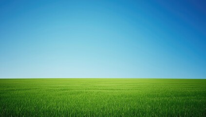 Fototapeta premium Broad stretch of green grassland and clear blue sky in a fresh spring environment
