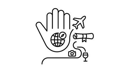 Obraz premium Hand holding travel icons: globe, airplane, camera, scroll, wine glass