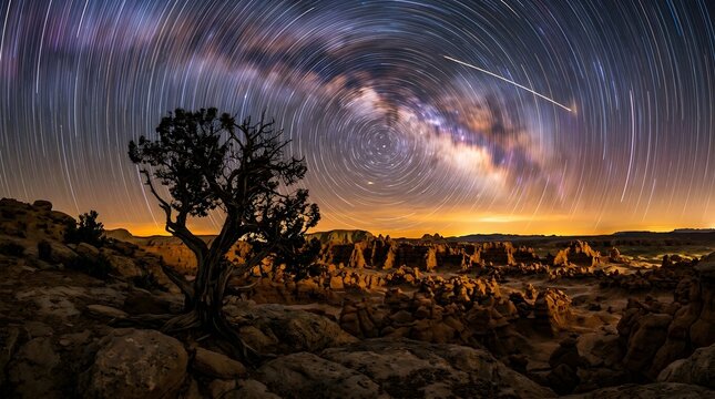 Star trails over bryce canyon national park with desert vegetation