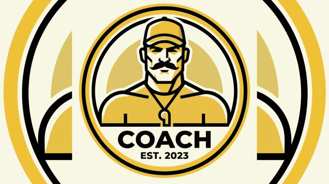 Coach Emblem with Whistle and Cap: Sports Leadership Logo