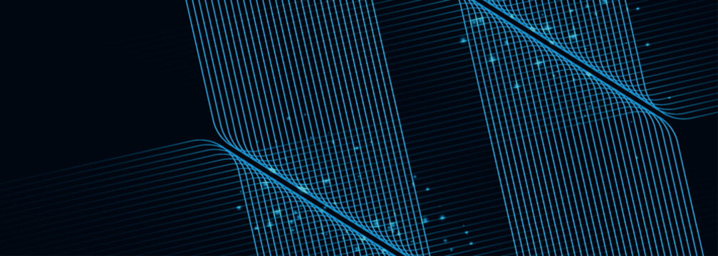 Abstract dark blue background with glowing angular line. Modern design with futuristic lines and light dot. Glittering moving line pattern for banner, web header, social media.