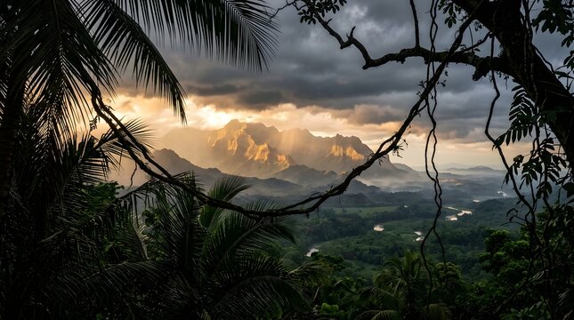 Dramatic mountain landscape framed by tropical foliage at sunset