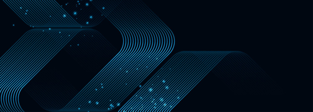 Abstract dark blue background with glowing angular line. Modern design with futuristic lines and light dot. Glittering moving line pattern for banner, web header, social media. EPS.2