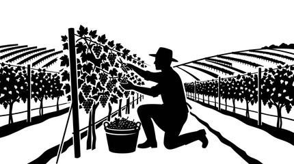 Fototapeta premium Vineyard Worker Harvesting Grapes in Silhouette