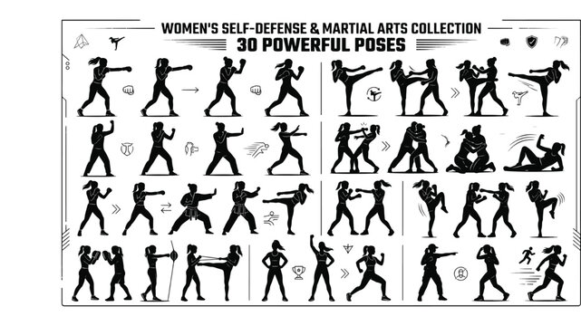 Womens Self Defense and Martial Arts Silhouette Icon Set Collection of Powerful Poses Featuring Combat Conditioning Kickboxing Strikes JiuJitsu Grappling Karate Katas Tactical Escapes 