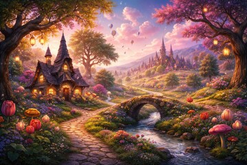 Fototapeta premium Fairytale inspired countryside with surreal colors and whimsical shapes