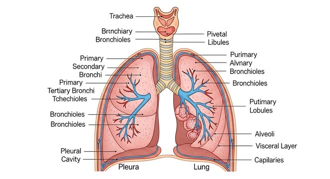 Human lungs anatomy diagram labeled.